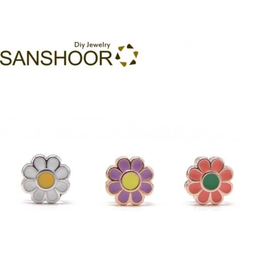 SANSHOOR Cute Sunflower Keepering Keys Slide Charms Fit 8mm Width Leather Wrappable Bracelets Collection For Children Gifts 6Pcs