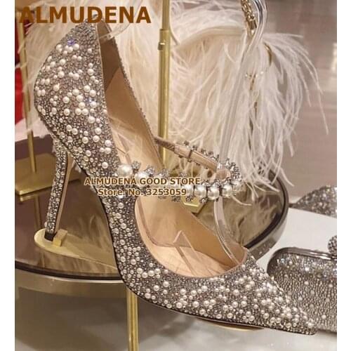 ALMUDENA Newest Designer Pearl Strap Wedding Shoes Bling Bling Crystal Dress Pumps Stiletto High Heels Rhinestone Glitter Shoes