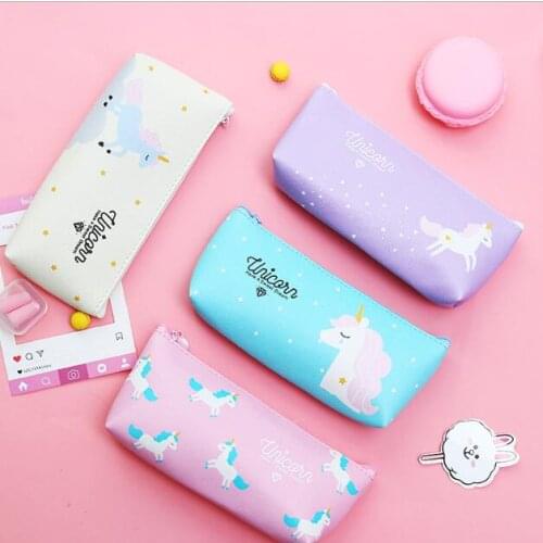 1 Piece Creative Kawaii Unicorn Pencil Bag PU Leather Pen Organizer Cover Case School Office Stationery Kids Birthday Gift