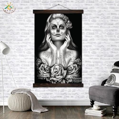 Black Skull Girl Scroll Painting Wall Art Hanging Canvas Painting Printed Pictures wall art home decoration Poster Art