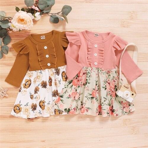 Infant Patchwork Dress Toddler Long Sleeve Round Neck Decorative Button Ribbed Dress Ruffle Floral Clothes 6M-4Y