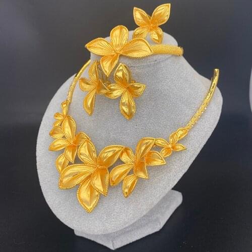 Dubai Collar African Jewelry Sets for Women 24k Gold Necklace Bracelet Flower earrings ring set jewellery Ethiopia Wedding Gifts