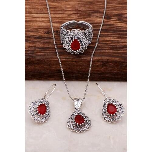 Filigree Embroidered Root Ruby Stone Silver Drop Set 1887Hand Made Silver Jewellery Set