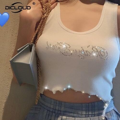 Harajuku Punk Fashion Crystal Tank Top Women Summer Stretchy Baby Girls Latter Crop Tops Streetwear Sexy Party Club Tees Femme