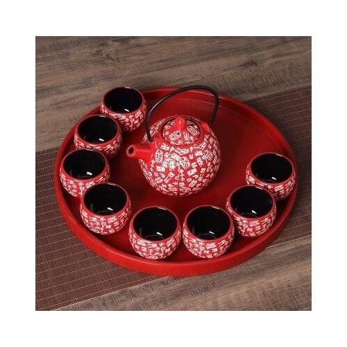 Chinese traditional red ceramic tea set suit creative wedding supplies tea cup pot tray newlywed gift