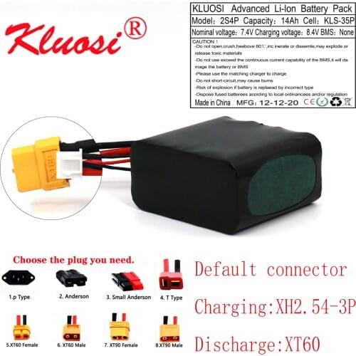 KLUOSI 2S4P 7.4V 14Ah 8.4V High Capacity UAV Rechargeable Li-ion Battery for Various RC Airplane Drone Quadrotor XH2.54-3P XT60