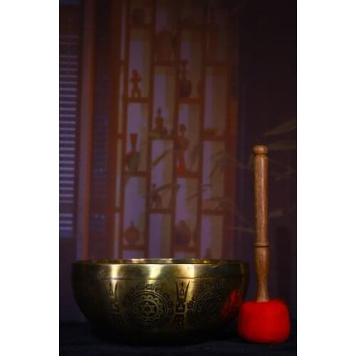 9"Tibet monastery collection Old Bronze Gilt Shakyamuni statue Buddha sound bowl Practice bowl Turning bowl Town House