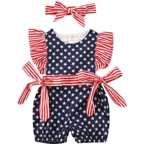 Independence Day Toddler Baby Girls Boys Rompers Star Striped Print Ruffles Short Sleeve Jumpsuits Headband 0-24M