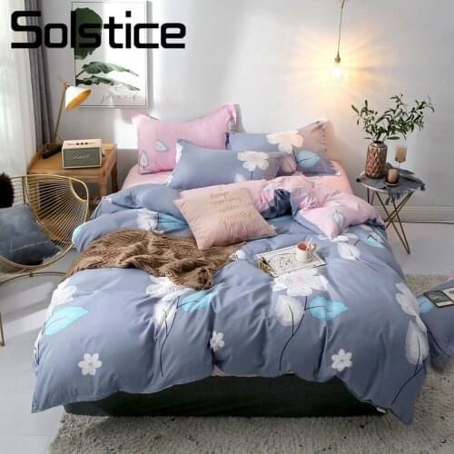 Solstice Home Textile Duvet Cover Pillow Case Flat Bed Sheet Blue Pink Flower Kid Teen Girls Bedding Linens Set Queen Bedclothes