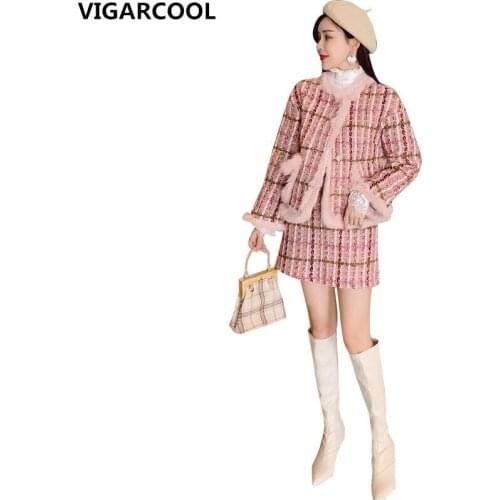 Temperament thickened winter Skirt Suit Women 2021 autumn winter elegant tweed Jacket + thickened half Skirt two-piece Female