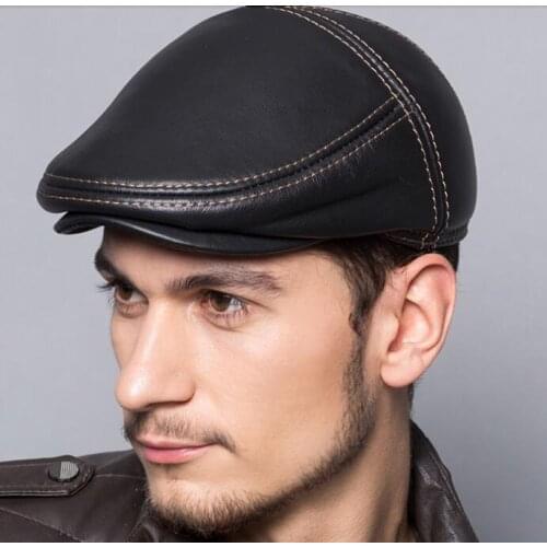 2017 cowhide genuine leather men berets cap hat high quality fashion mens real leather adult striped adjustable hats