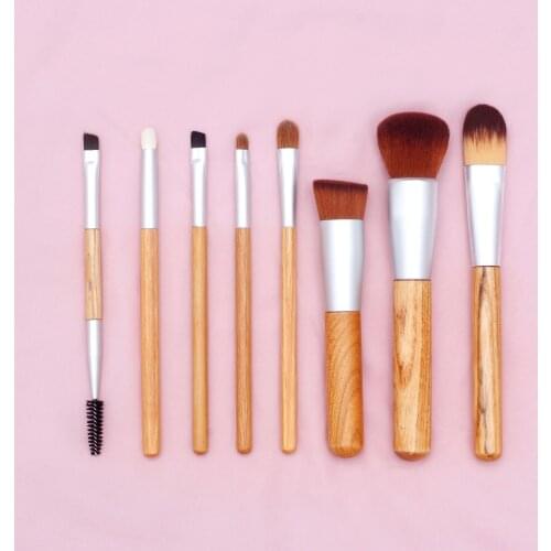 Makeup Brush Set for Foundation, Blush, Eye shadow, Eyelash, Lip and Brow, Portable Mini Wood color Makeup Brush Set 8 PCS