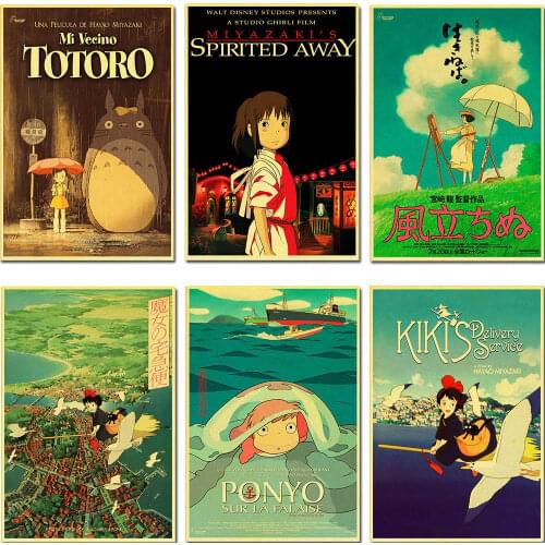 Hayao Miyazaki Anime Movie Retro Poster Set Kraft Paper Art Wall Decorative Bar Stickers Home Coffee Kitchen Living Room Decor