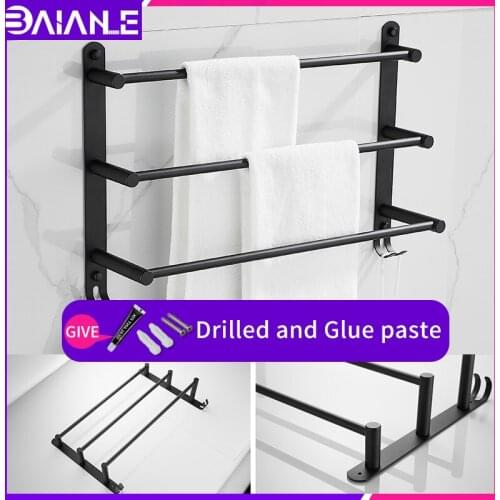 Stainless steel Towel rack black 50cm Bathroom wall mounted towel holder screw free installation towel bar with shelf coat hooks