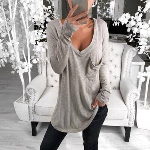 Autumn Winter New Women Loose Casual T-shirt Europe And America Cross-border Long Sleeve Tops with Pocket