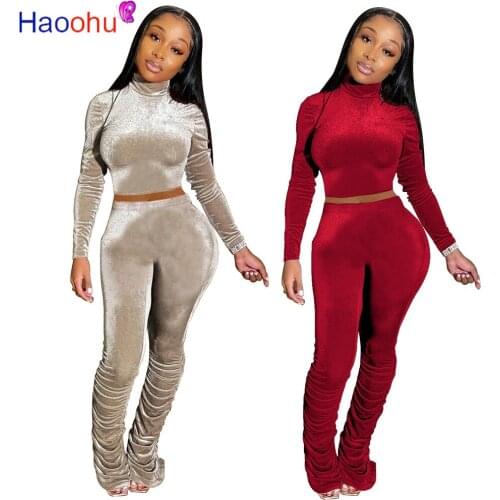 HAOOHU Autumn Women Suits Warm Velvet 2 Two Piece Set Tracksuit Velor Smooth Soft Home Suit Women Fitness Set