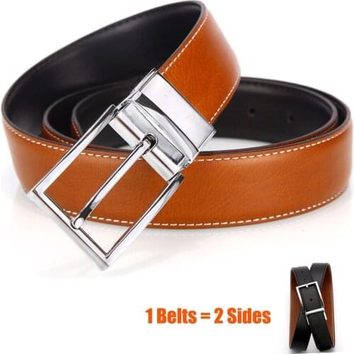 Mens Belts Real Genuine Leather Belts with Reversible Rotated Buckle 2 Sides Black/Brown In 1 Belt Cowboy Cowskin Waist Strap