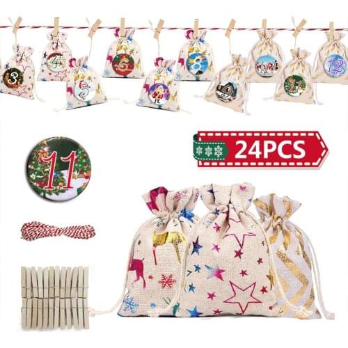Christmas Pattern Candy Bag 1-24 Advent Calendar Bundle Cotton Linen Gift Bag Christmas Decorations For Home Party Decor Gifts