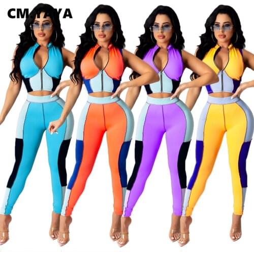 CM.YAYA Patchwork Women Two 2 Piece Outfits Set Sleeveless Zip Tops and Legging Pants Matching Set Active Workout Tracksuit
