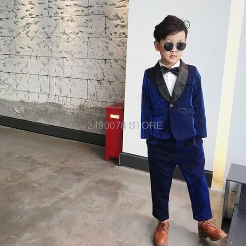 Flower Boys Tuxedo Suit Children Wedding Set Girls stage Host Piano Performance Party Costume Kids Blazer Jakcet Pant 2Ps Outfit