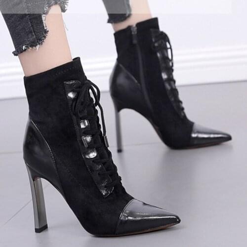 Wedding Metal heels chelsea boots woman zipper&lace up boots flock ankle botas pointed toe stiletto high heels boots women shoes