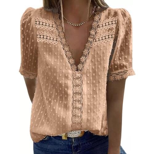 Sexy V-Neck Lace Shirt Blouses Women Summer Short Sleeve Ladies Blouse Casual Solid Color Pullover Tops Blusa Streetwear #YY