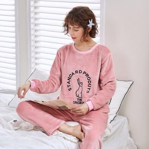 Womens Pajamas Winter Warm Flannel Homewear Long Sleeve Cartoon Pijama Set Pyjamas Women Sleepwear Home Clothes Thick Nightwear