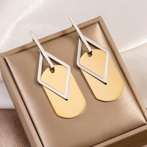 TIMEONLY Delicate Square Titanium Steel Drop Earring Hollow Diamond Street Style Charms Earring for Women Ladies Jewellery