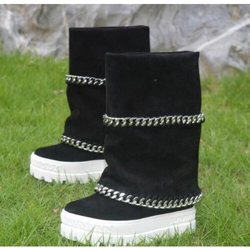 Drop Shipping Woman Black Beige Chains Mid-calf Boots 8 cm Hidden Wedge Thick Sole Platform Slip On Fold Short Boots Shoes