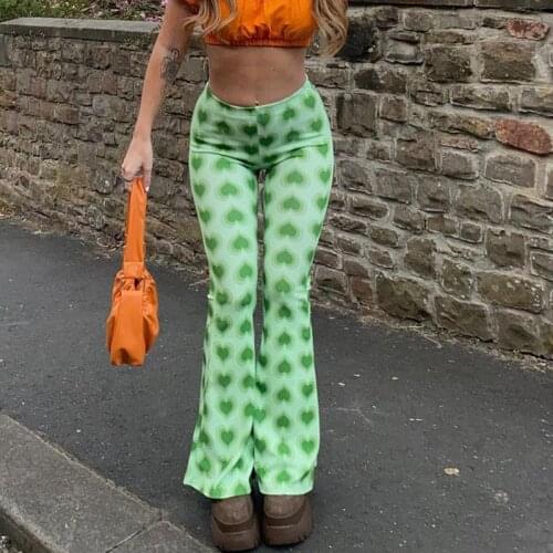 2021 Y2K Green Pants Heart Printed Sweet Trousers Vintage Aesthetic Party Flared Pants Pockets Joggers Festival Outfits Women