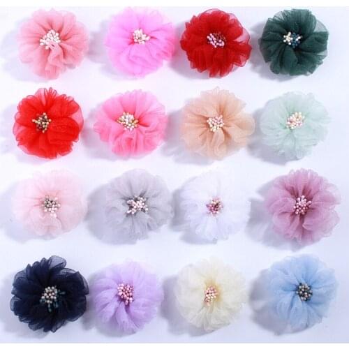 60PCS 5.5CM Fashion Silk Soft Fabric Flower With Stick Center Flora Hair Flowers For Women Hairpins Hair Accessories U Pick