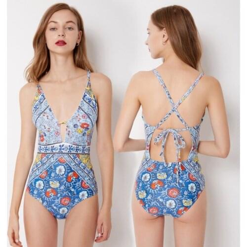 2018 One Piece Swimsuit Women Printed Push Up Swimwear Floral Female Bandage Monokini Sexy Bodysuit Bathing Suit Blue Beach Wear