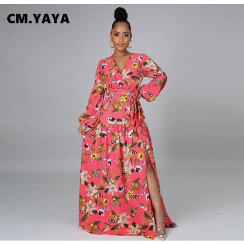 CM.YAYA Women Long Dress Print Full Lantern Sleeve V-neck Bandage Sashes Splited Maxi Dresses Vintage Vestidos Summer Outfits