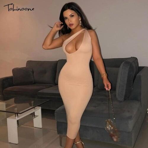 Tobinoone Double Layered Hollow Out One Shoulder Bodycon Midi Dress Women Summer Backless Stretch Sexy Night Club Party Dresses