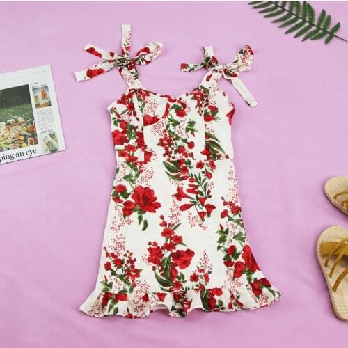French 2020 Summer Flower Print Tie Bow Spaghetti Strap Short Dress Retro Women Wood ear Ruffles Hem Ruched Back Sling Dresses