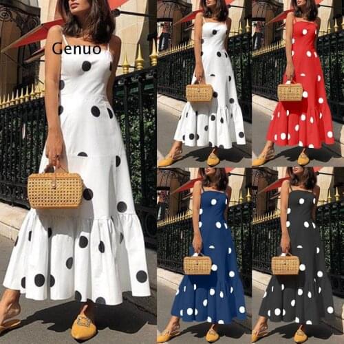 Spaghetti Straps Slash Neck Backless Sexy Long Dress Women Polka Dots Print High Waist Elegant Party Maxi Pleated Vestidos