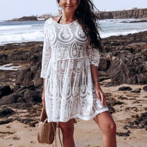 Women Sexy Bikini Cover Up White Crochet Embroidered Floral Lace Swimwear Bohemian Backless Tassels Drawstring Dress Beachwear