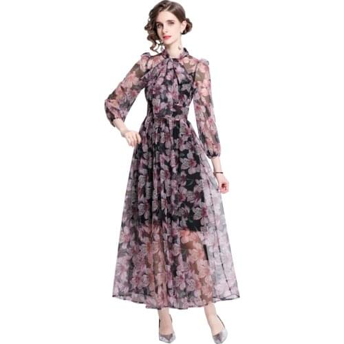 Vestidos De Verano 2021 New Summer Fashion Designer Runway Dress Bow Collar Floral-Print Elegant Vacation Chiffon Beach Dresses