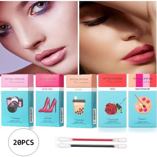 20pcs/box Disposable Long Lasting Lipstick Waterproof Lipgloss Brushes Cotton Swab Lipsticks Cigarette Case Lip Glaze Kit
