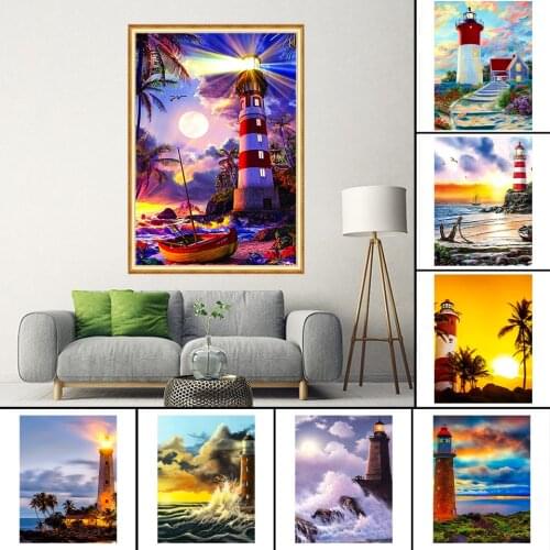 5D DIY Diamond Painting Scenery Lighthouse Cross Stitch Kit Full Embroidery Mosaic Art Picture Crystal Crafts Wall Decor Gift