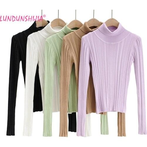 LUNDUNSHIJIA Basic Pit Stripes Turtleneck Knitting Women Sweaters 2020 Autumn Winter Ladies Fashion Pullover Tops 5 Colors