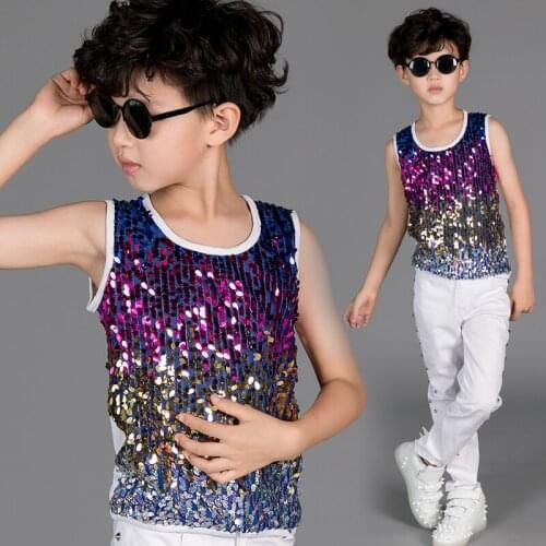 2021 Jazz Dance Costume Boys Colourful Sequined Vest Top Kids Hip Hop Clothing Childs Modern Stage Performance Dancewear DN2961