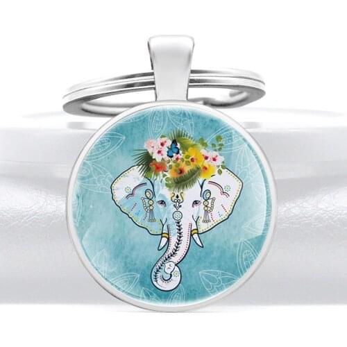 Cute Elephants Painted Glass Cabochon Metal Pendant Key Chain Charm Men Women Key Ring Jewelry Gifts Child Keychains