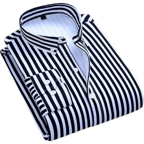 Aoliwen Men winter thick plush black white stripe warm shirt wrinkle resistant comfortable easy to wash long sleeve slim shirts
