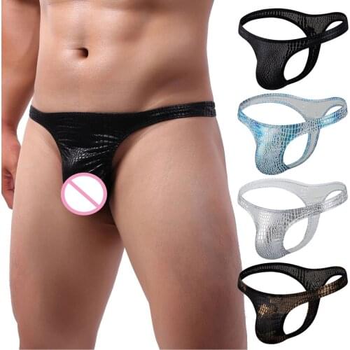 Mens Thong Low-Rise Sexy Pouch Underwear Imitation Leather Snake pattern G String Breathable Gay Slip Panties трусы мужские 03