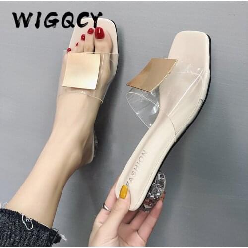 Mules Ladies Slippers Women New Summer Shoes Woman Metal Buckle Transparent Square Low Heels Sexy Open Toe Shoes Female Strap