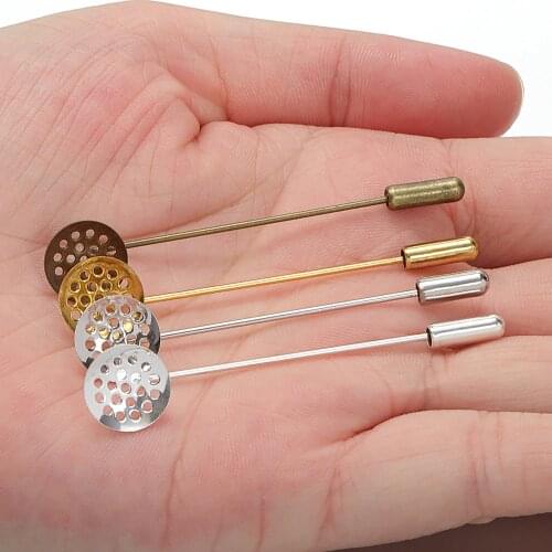 10pcs/lot 12mm round blank tray vintage copper 5 colors plated 50mm long brooch pin base settings diy jewelry Making DIY