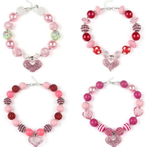 2021 Women Girl Valentines Day Lovely Gift Heart Pendant Chunky Bubblegum Beads Toddler Necklace Kids Jewelry Free Shipping