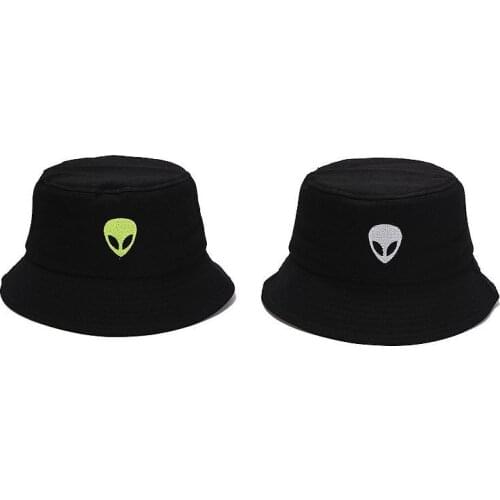 Unisex Embroidered Alien Foldable Bucket Hat Outdoor Sun Hat Black White Street Travel Beach Fisherman Caps Men and Woman Hat