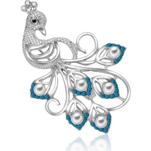 Peacock Brooch Blue Rhinestone Pearls Pins Badge Women Banquet Party Decoration Jewelry Charm Decorative C1FE